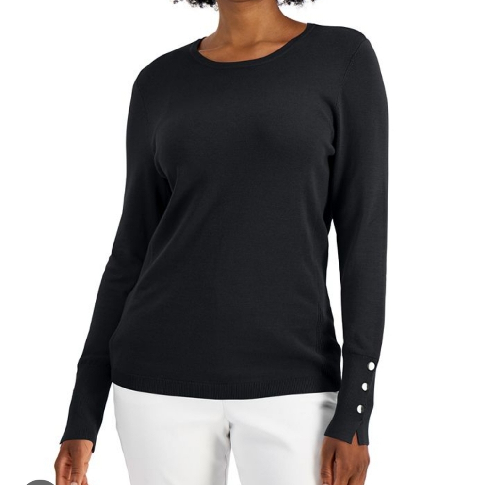 JM Collection Black Button Sleeve Sweater L NWT